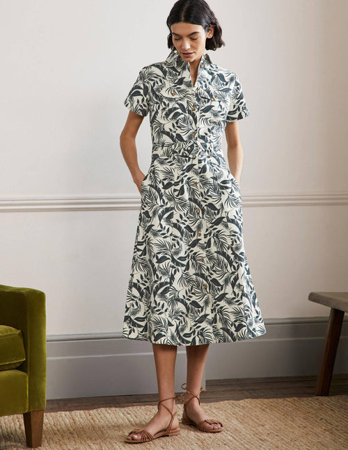 Belted Midi Shirt Dress-Garden, Tropic Foliage