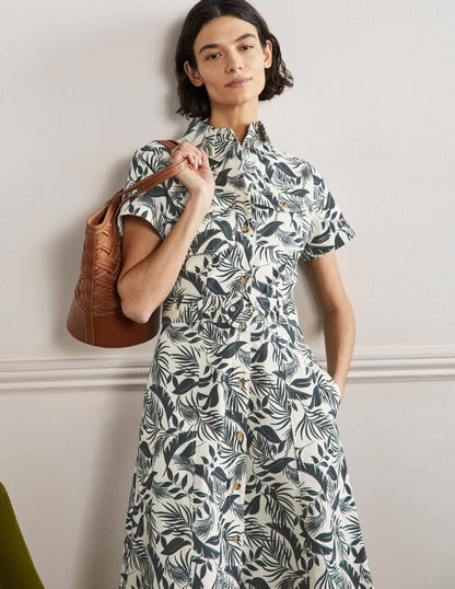Belted Midi Shirt Dress-Garden, Tropic Foliage