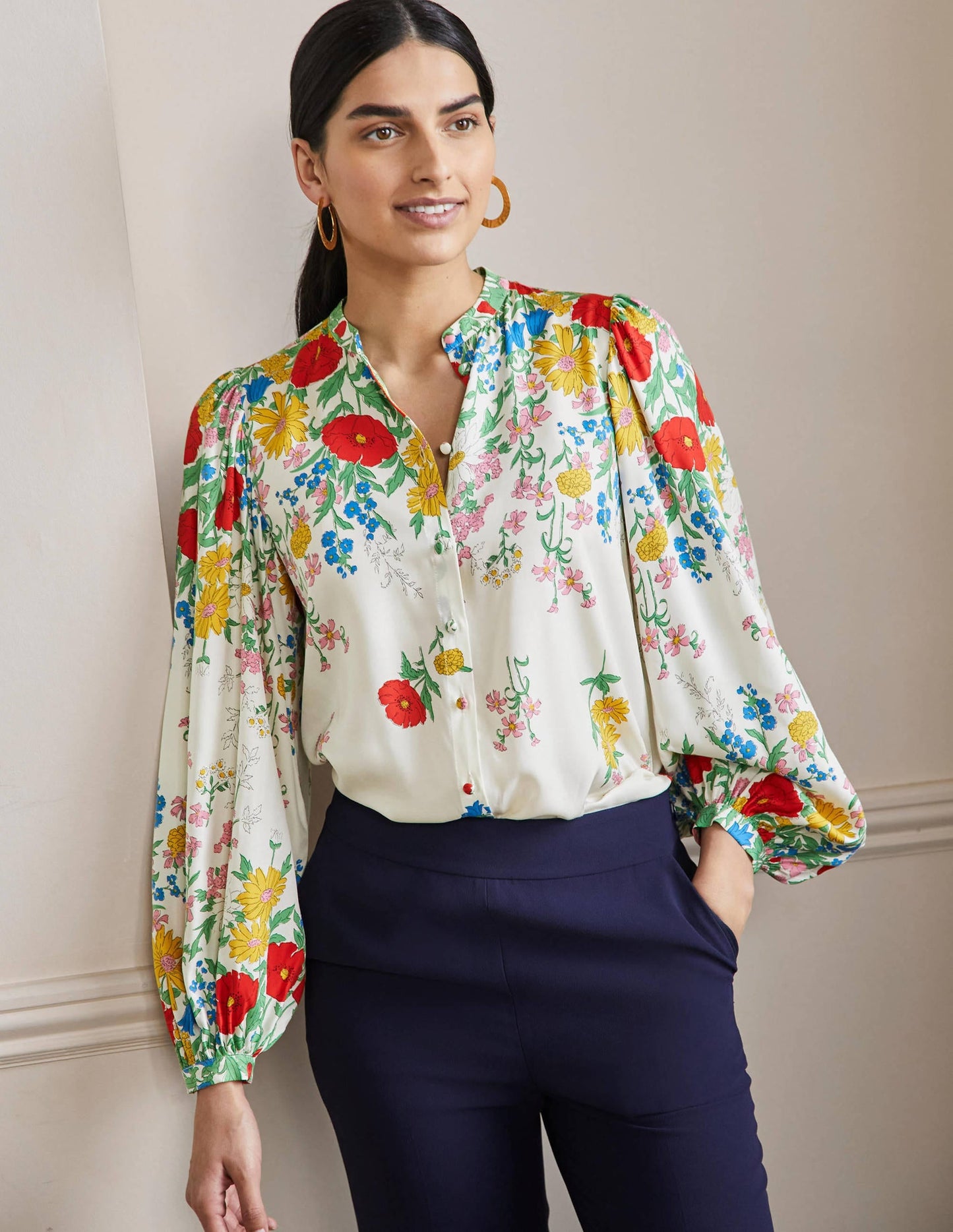 Blouson Sleeve Blouse-Ivory,  Botanical Terrace