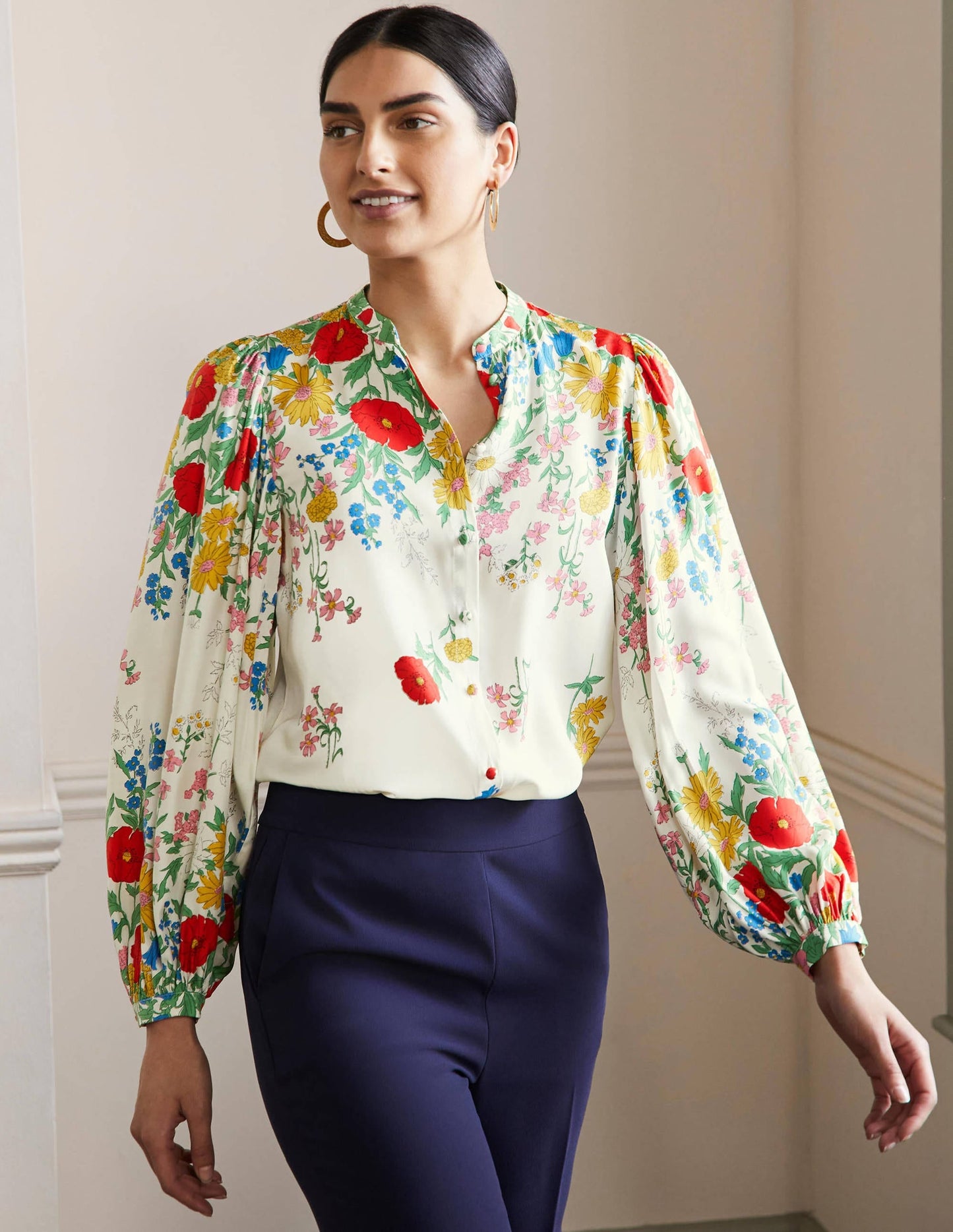 Blouson Sleeve Blouse-Ivory,  Botanical Terrace