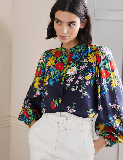 Blouson Sleeve Blouse-Navy, Botanical Terrace