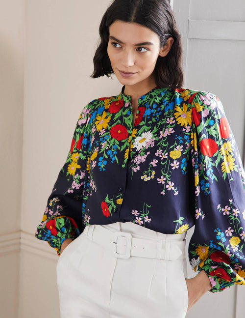Blouson Sleeve Blouse-Navy, Botanical Terrace