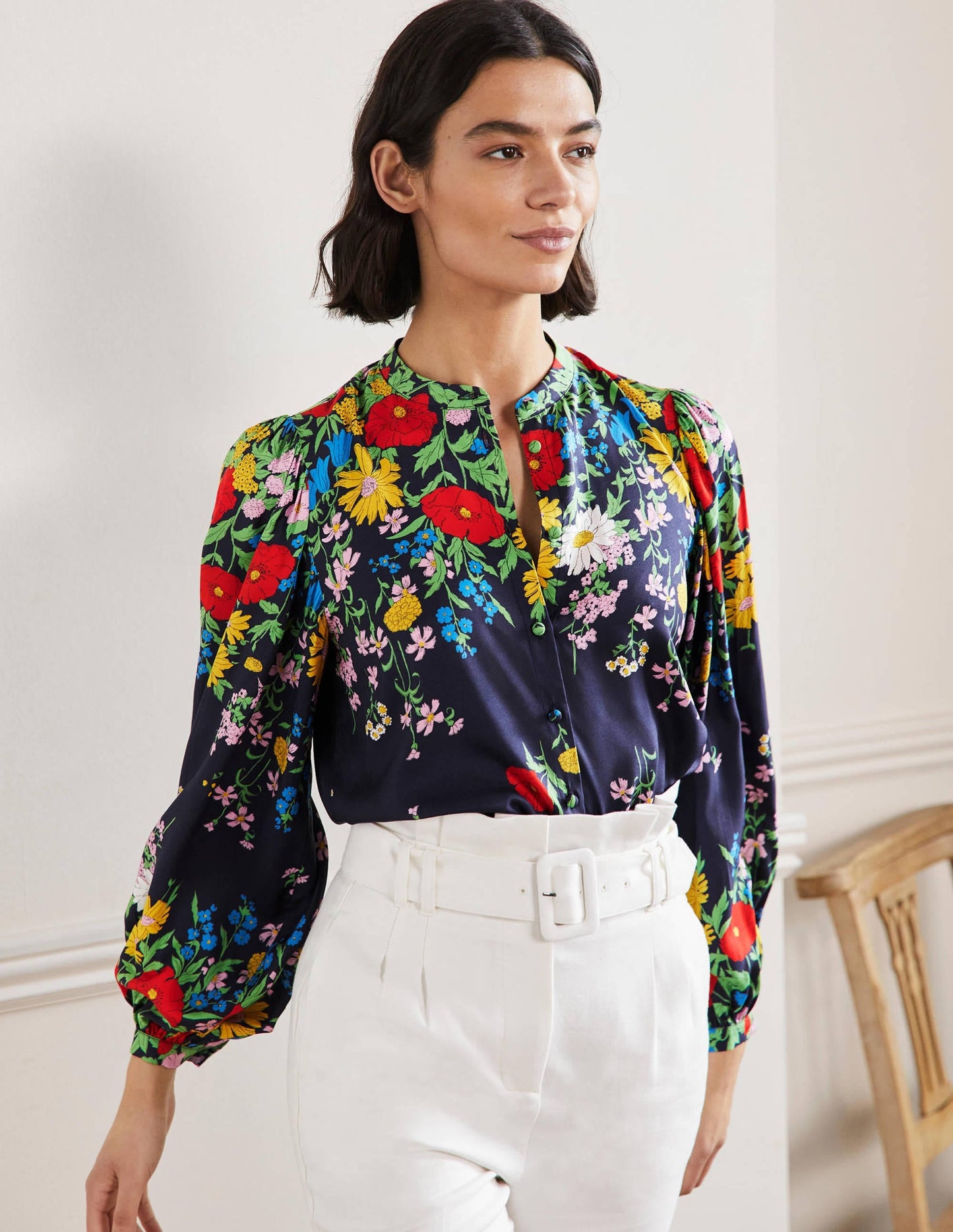 Blouson Sleeve Blouse-Navy, Botanical Terrace