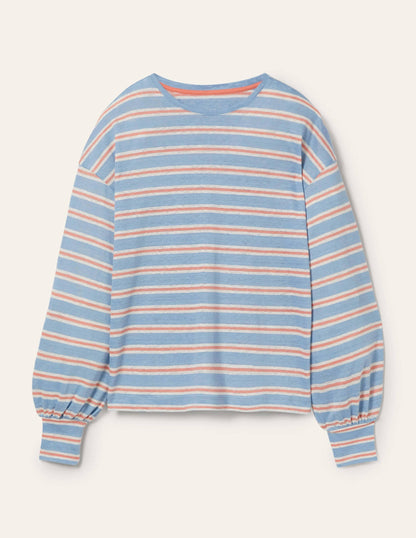 Blouson Linen Top-Dusty Blue / Coral Stripe