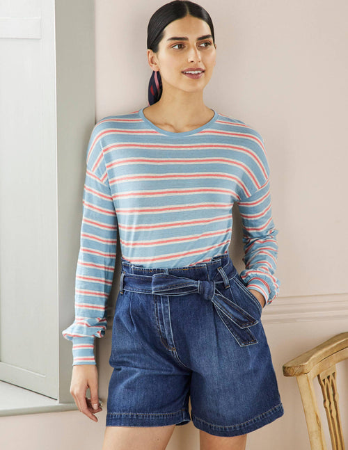 Blouson Linen Top-Dusty Blue / Coral Stripe