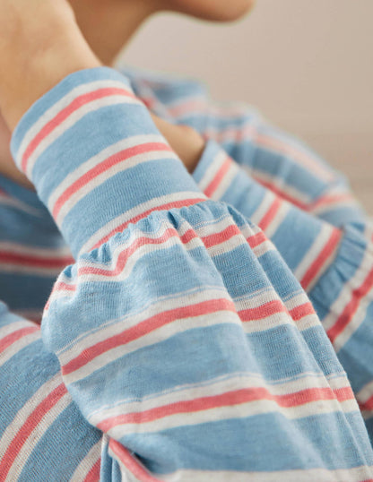 Blouson Linen Top-Dusty Blue / Coral Stripe