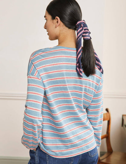 Blouson Linen Top-Dusty Blue / Coral Stripe