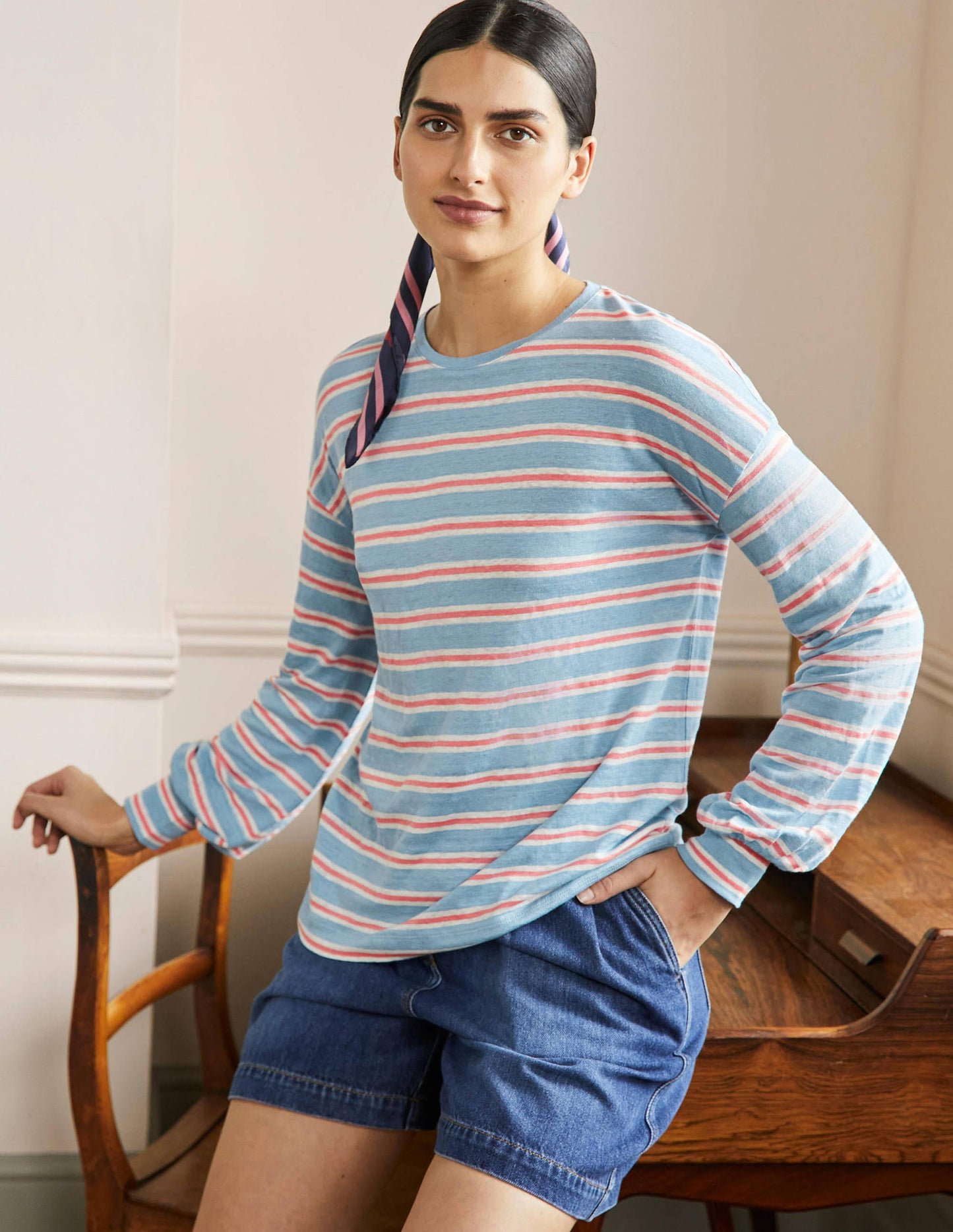 Blouson Linen Top-Dusty Blue / Coral Stripe