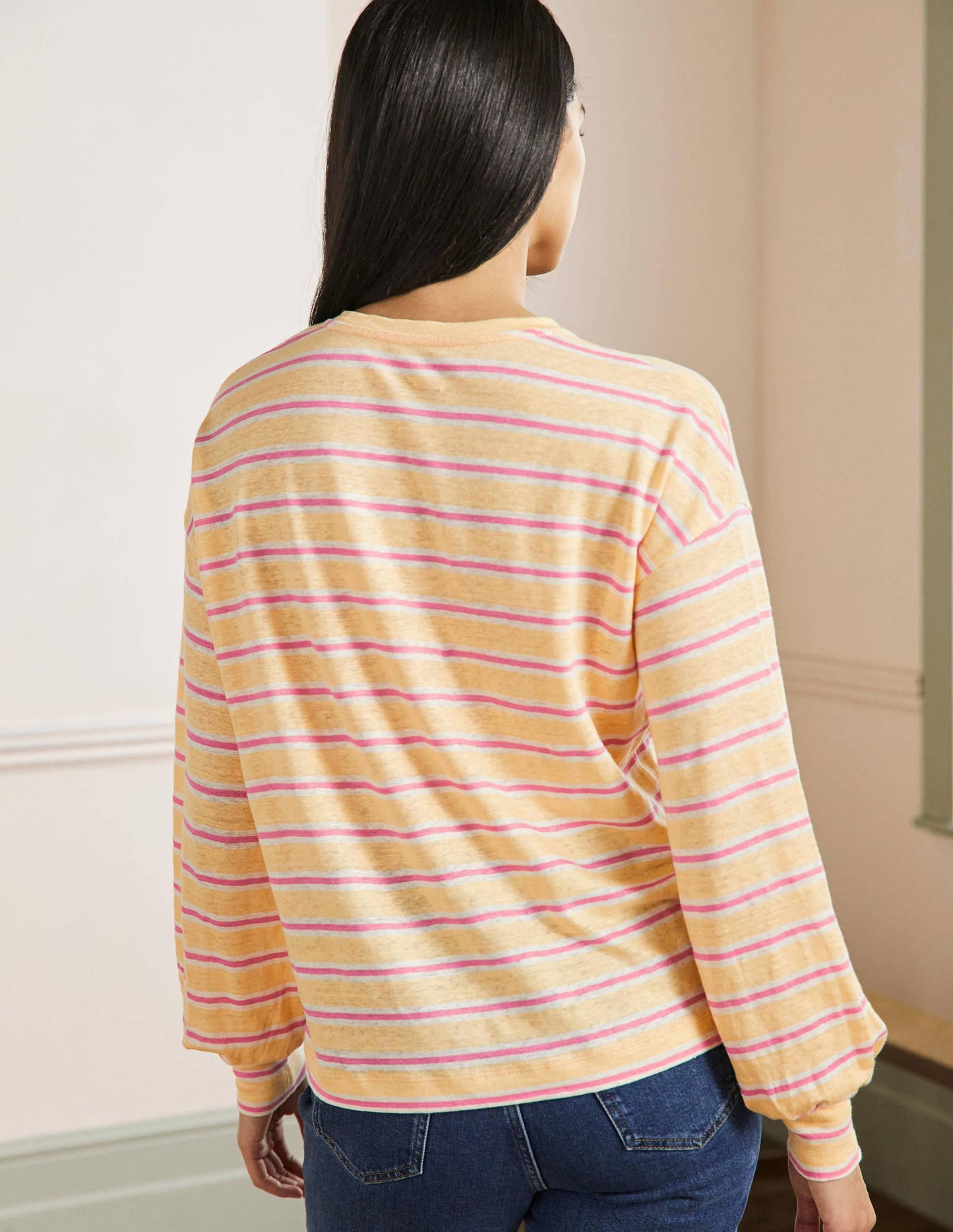 Blouson Linen Top-Sunlight / Azalea Stripe
