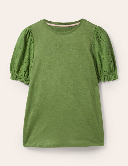 Broderie Sleeve Linen T-Shirt-English Ivy