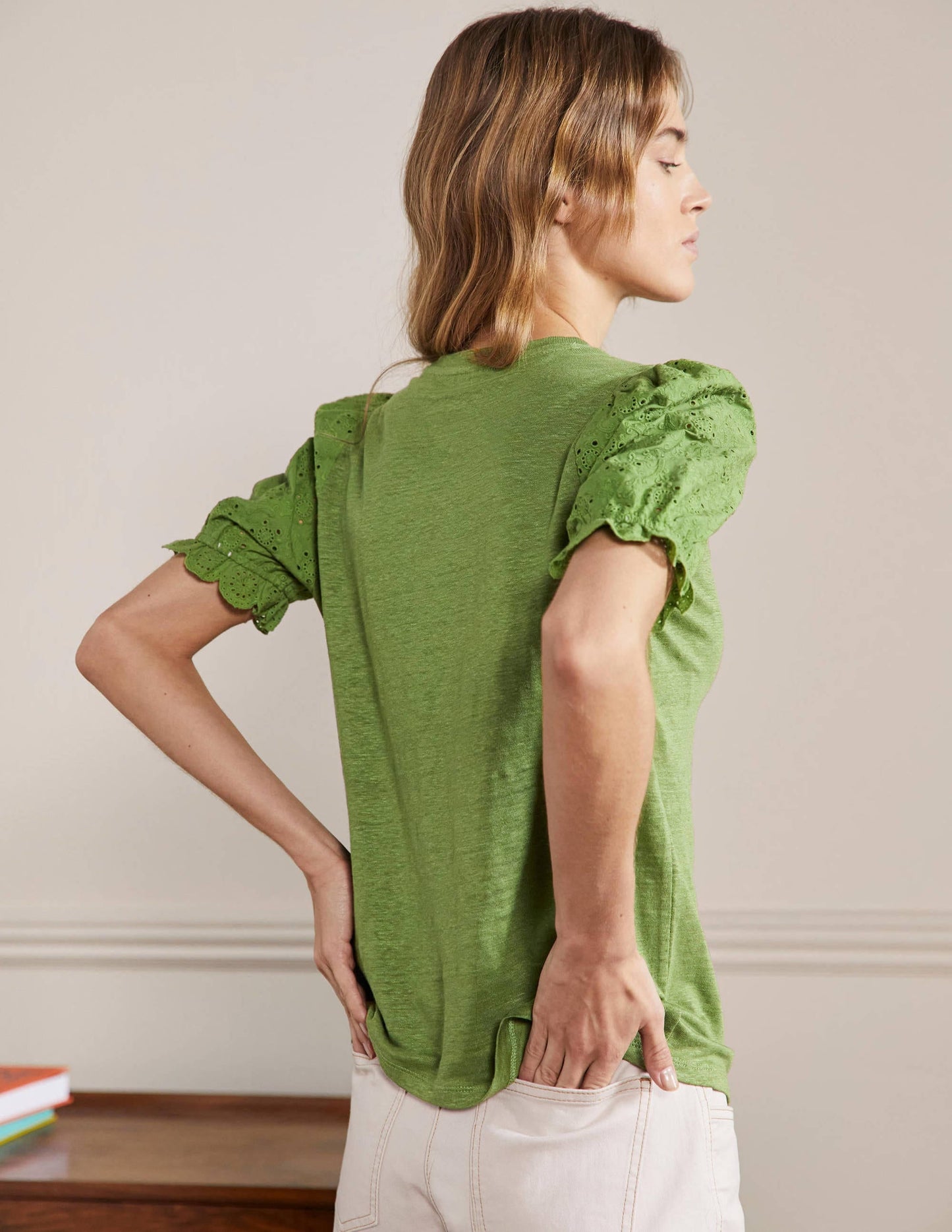 Broderie Sleeve Linen T-Shirt-English Ivy