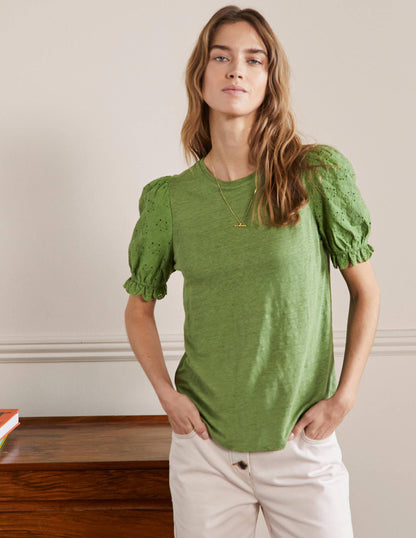 Broderie Sleeve Linen T-Shirt-English Ivy