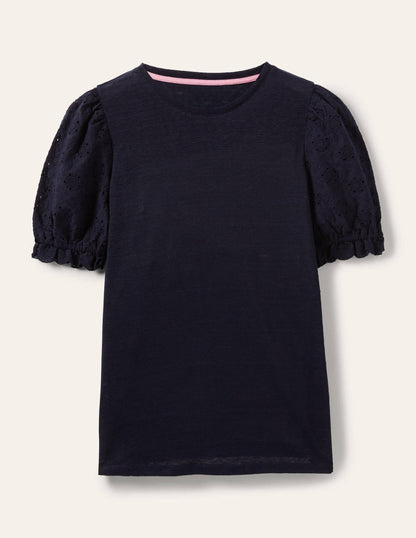 Broderie Sleeve Linen T-Shirt-Navy