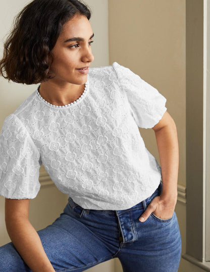 Broderie Puff Sleeve Top-White