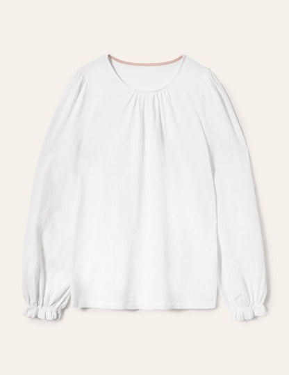 Blouson Cotton Crew Neck Top-White