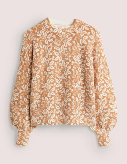 Blouson Sleeve Fluffy Sweater-Assam Brown, Acorn Leaf