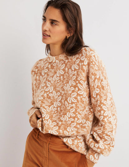 Blouson Sleeve Fluffy Sweater-Assam Brown, Acorn Leaf