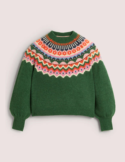 Blouson Sleeve Fluffy Sweater-Hunter Green, Fair Isle
