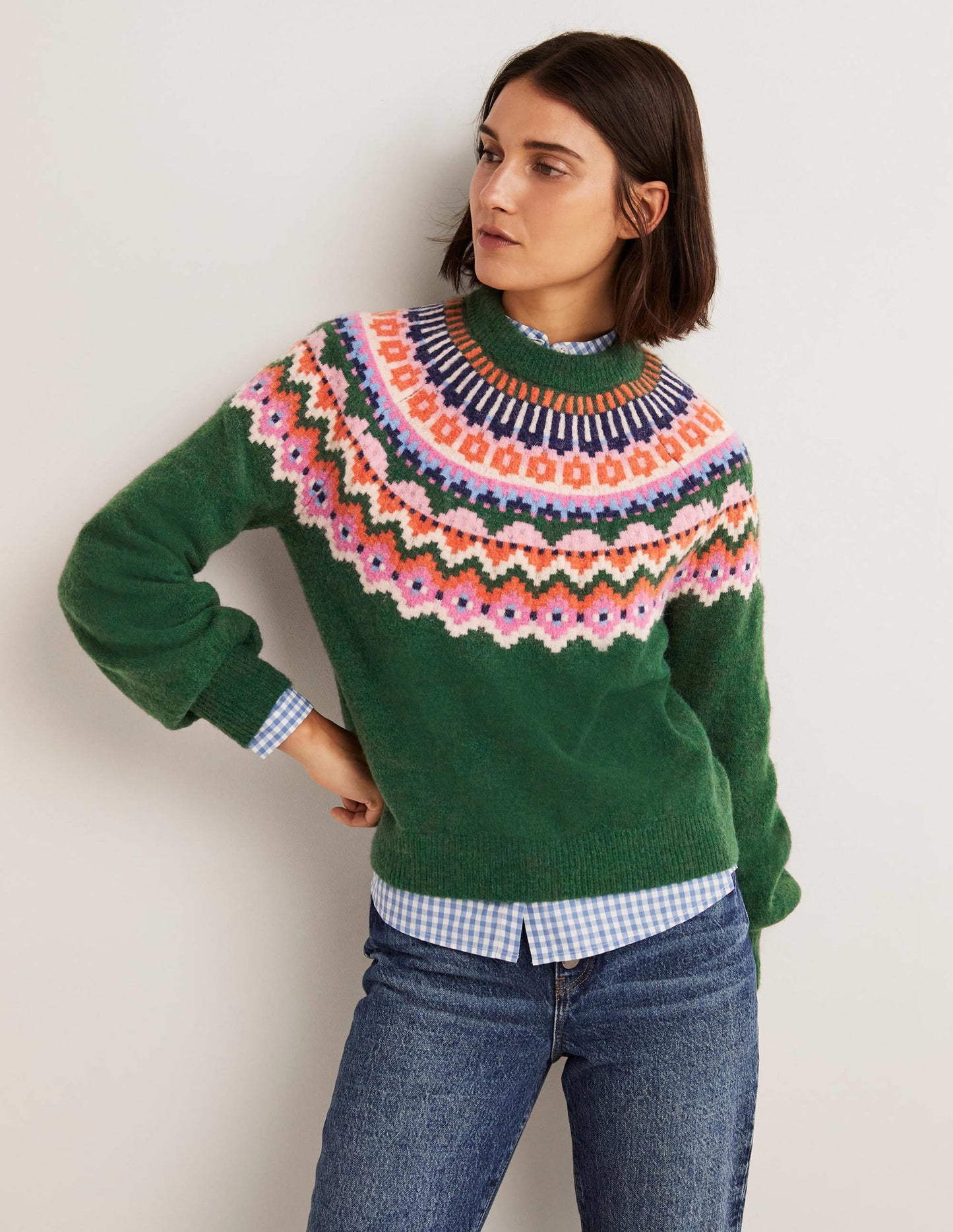Blouson Sleeve Fluffy Sweater-Hunter Green, Fair Isle