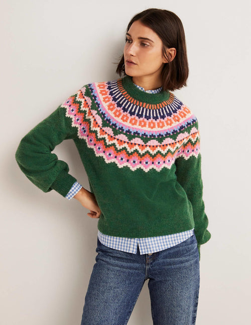 Blouson Sleeve Fluffy Sweater-Hunter Green, Fair Isle