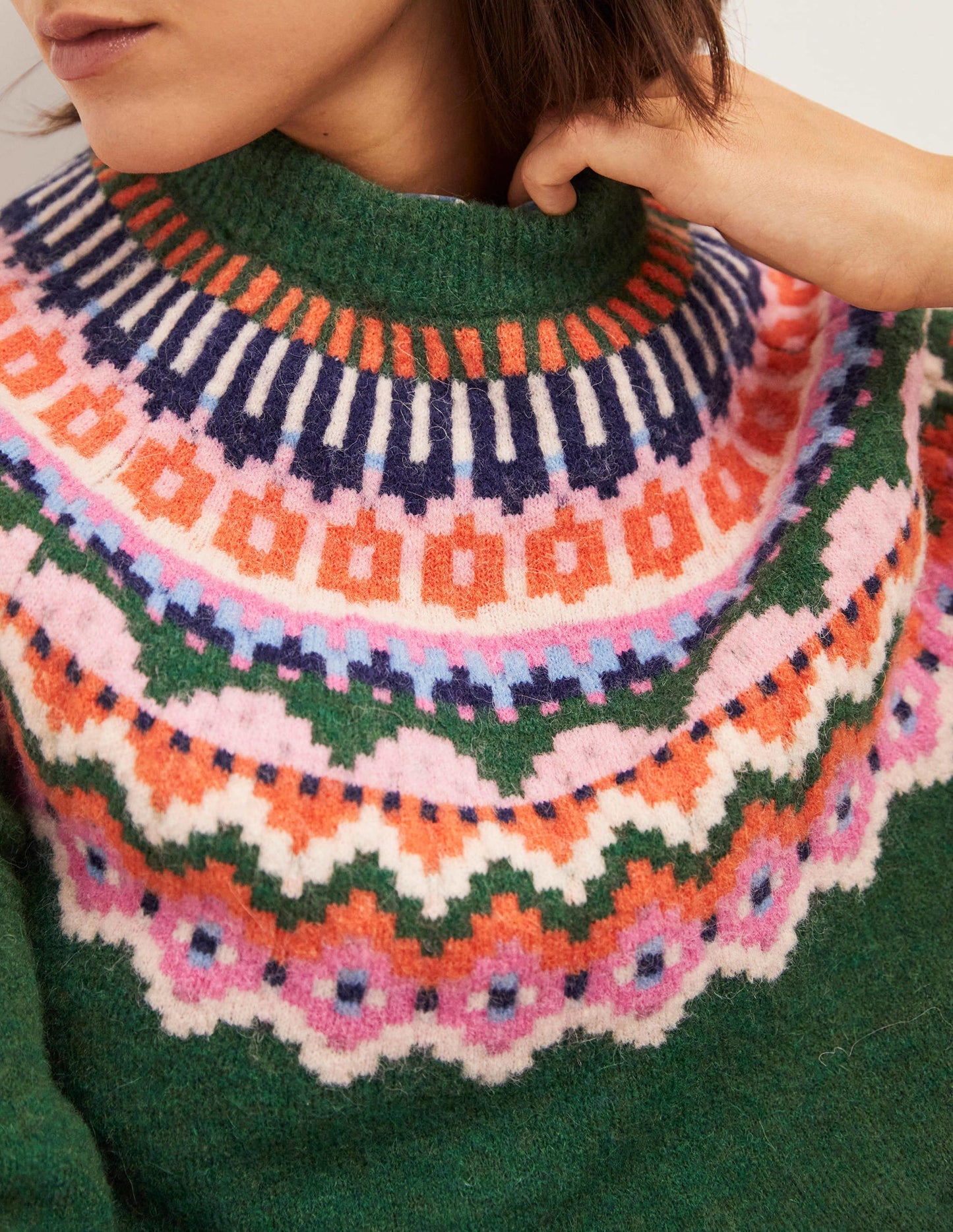 Blouson Sleeve Fluffy Sweater-Hunter Green, Fair Isle