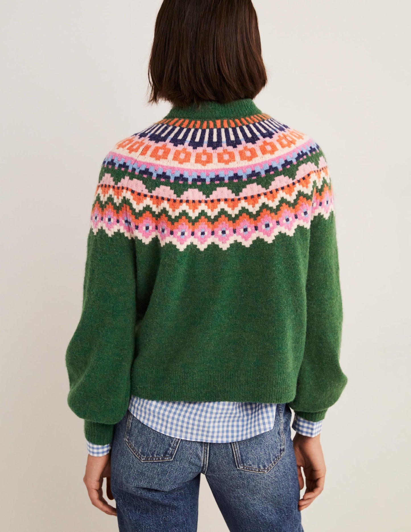 Blouson Sleeve Fluffy Sweater-Hunter Green, Fair Isle