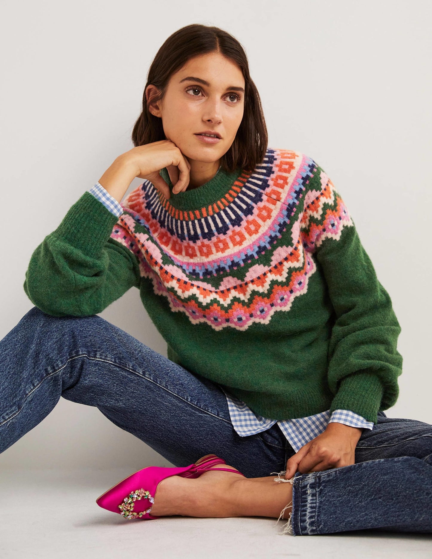 Blouson Sleeve Fluffy Sweater-Hunter Green, Fair Isle