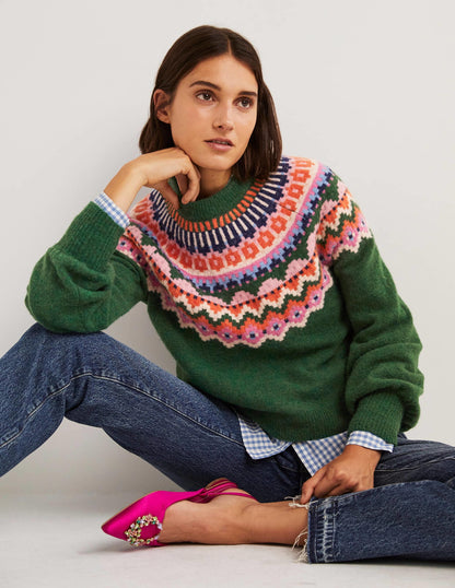 Blouson Sleeve Fluffy Sweater-Hunter Green, Fair Isle
