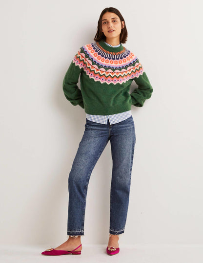 Blouson Sleeve Fluffy Sweater-Hunter Green, Fair Isle