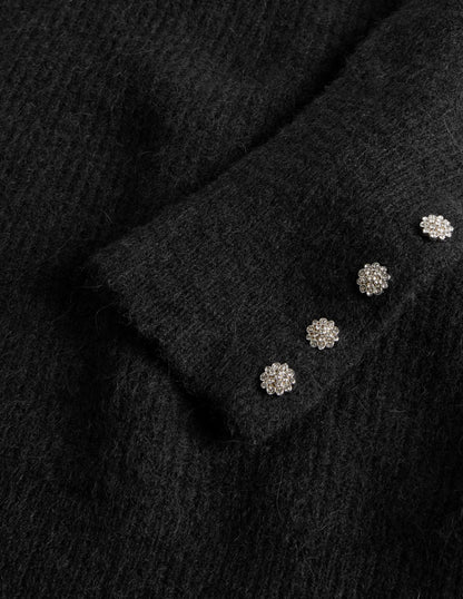 Black Jewel Button Fluffy Sweater-Black