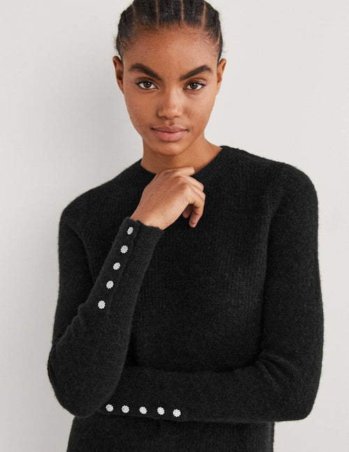 Black Jewel Button Fluffy Sweater-Black
