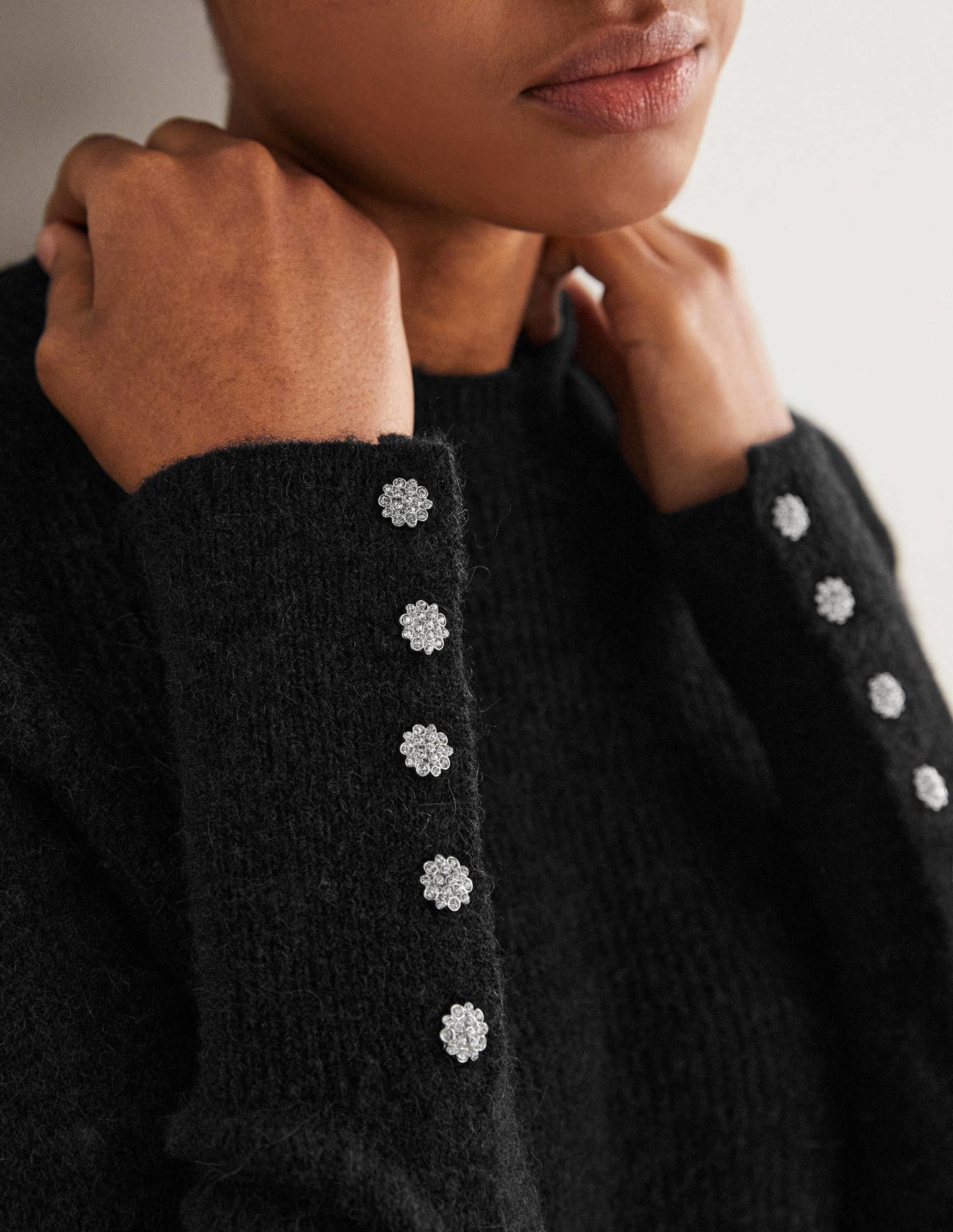 Black Jewel Button Fluffy Sweater-Black
