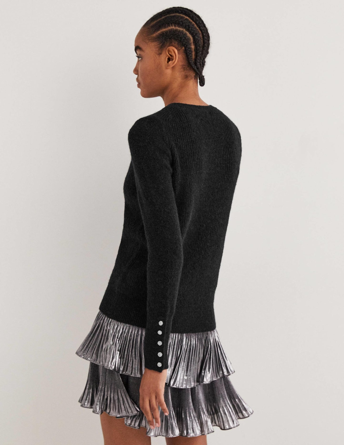 Black Jewel Button Fluffy Sweater-Black