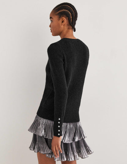 Black Jewel Button Fluffy Sweater-Black