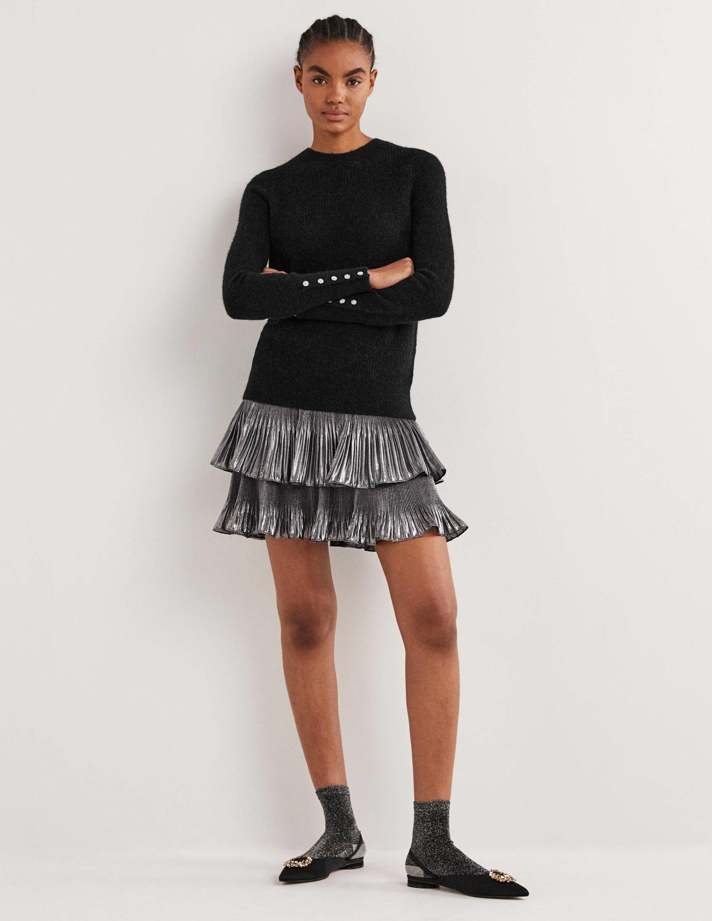 Black Jewel Button Fluffy Sweater-Black