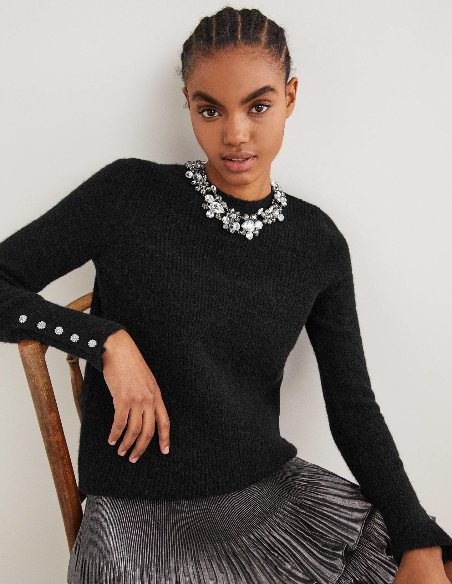Black Jewel Button Fluffy Sweater-Black