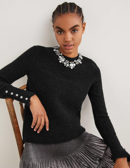 Black Jewel Button Fluffy Sweater-Black