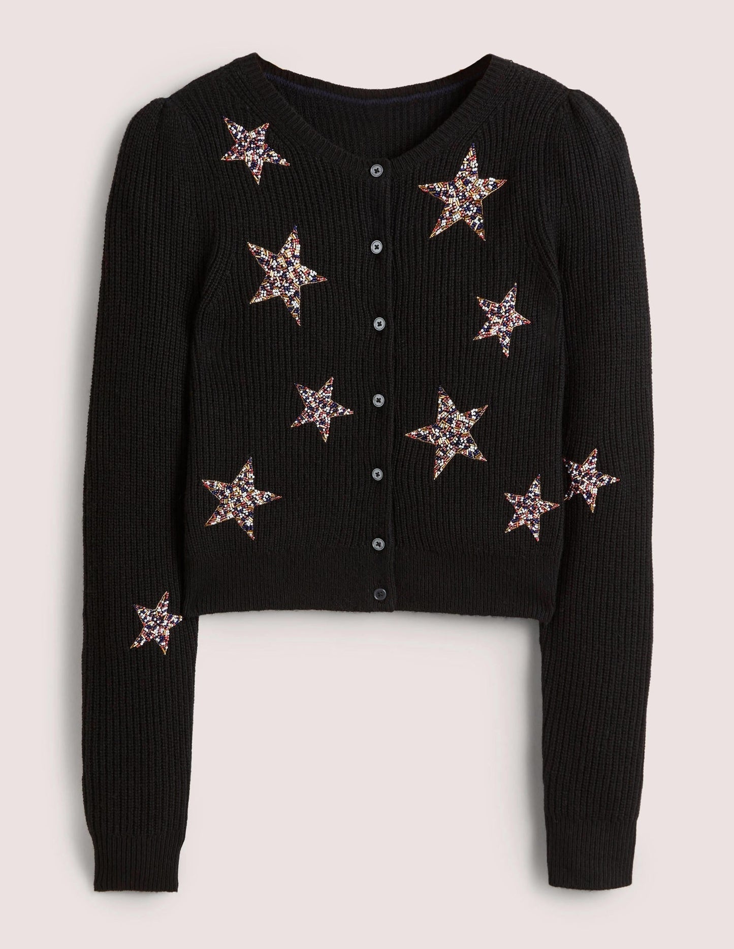 Black Star-Embellished Ribbed Cardigan-Black, Embellished Stars