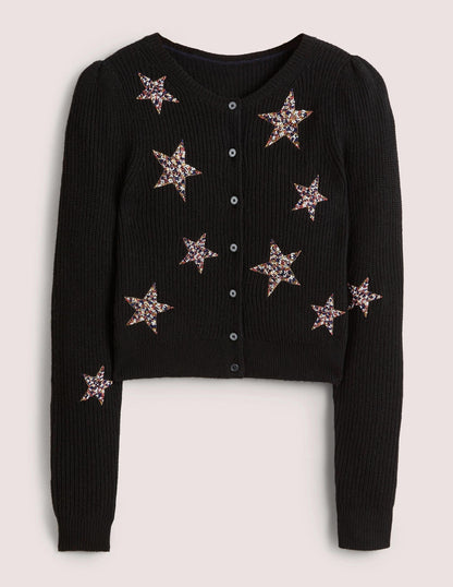 Black Star-Embellished Ribbed Cardigan-Black, Embellished Stars