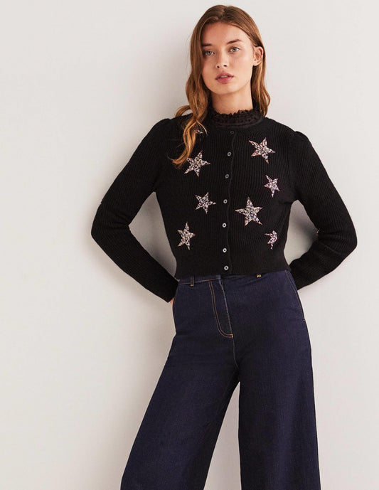 Black Star-Embellished Ribbed Cardigan-Black, Embellished Stars