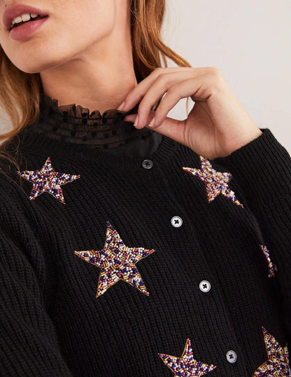 Black Star-Embellished Ribbed Cardigan-Black, Embellished Stars