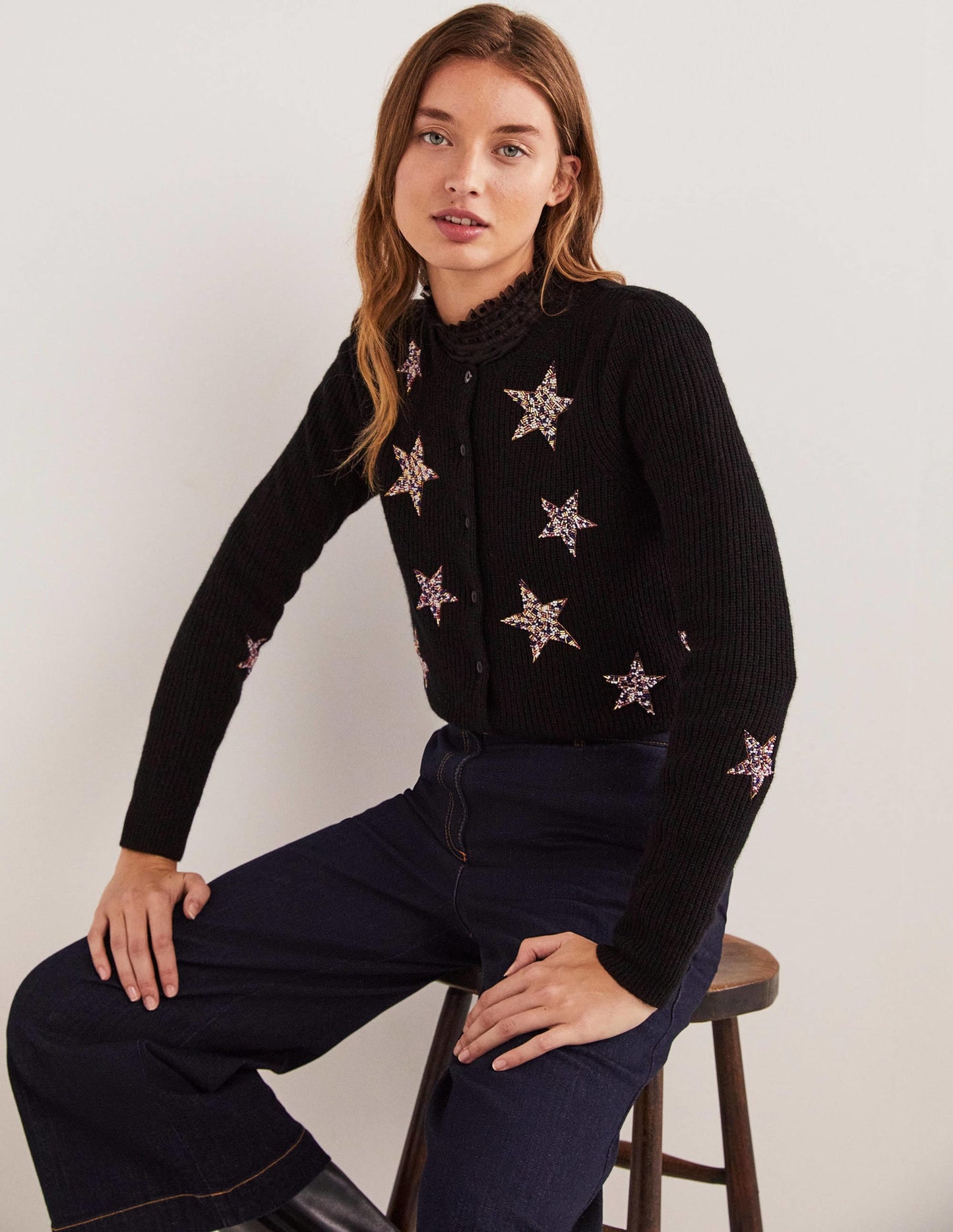 Black Star-Embellished Ribbed Cardigan-Black, Embellished Stars