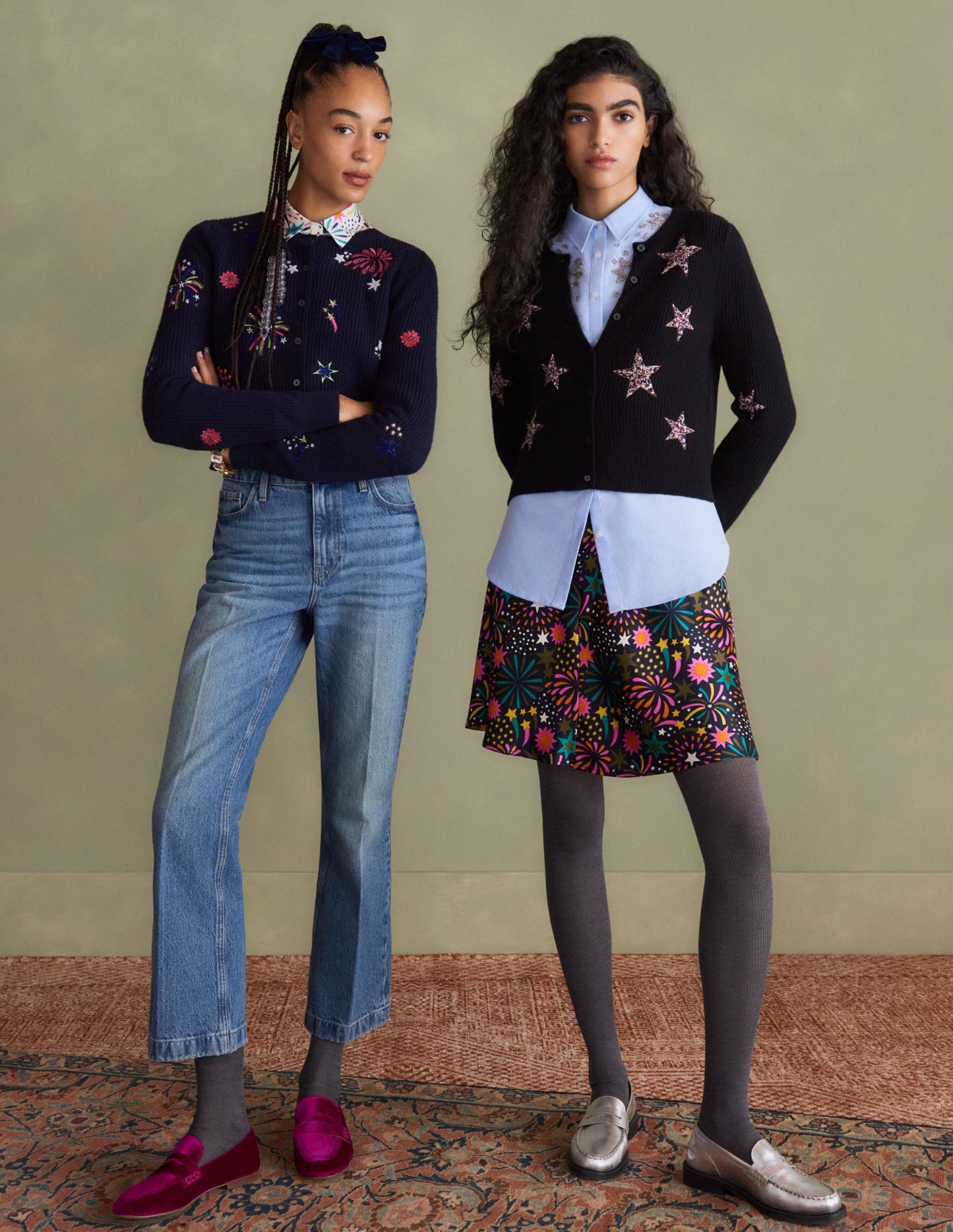 Black Star-Embellished Ribbed Cardigan-Black, Embellished Stars