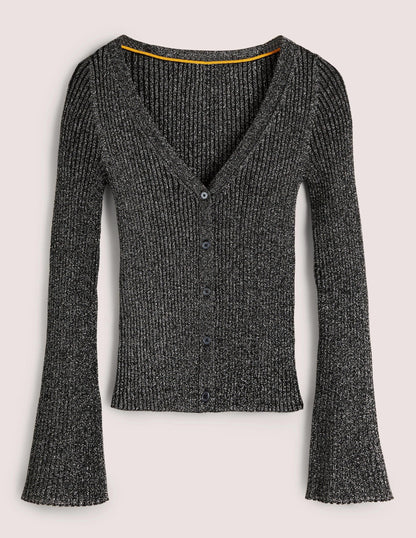 Black Ribbed Metallic Cardigan-Silver, Black