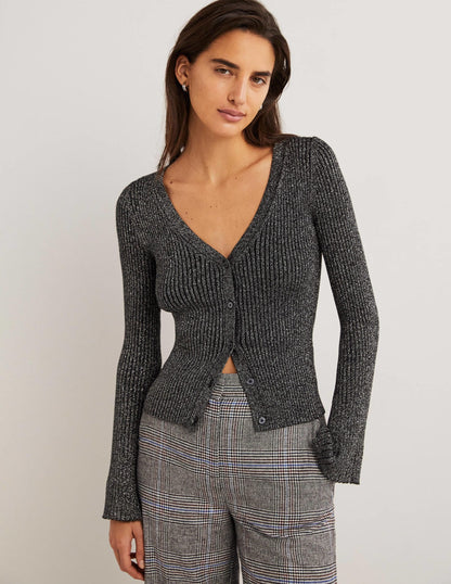 Black Ribbed Metallic Cardigan-Silver, Black
