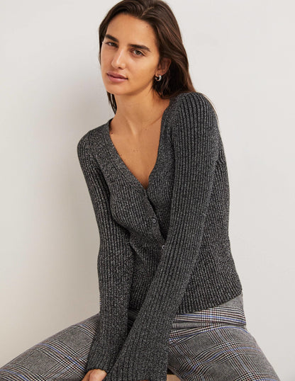 Black Ribbed Metallic Cardigan-Silver, Black