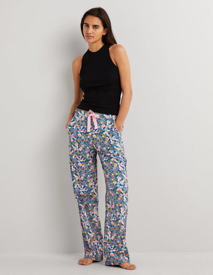 Blue Floral Pajama Bottoms-Mid Blue, Opulent Leaf