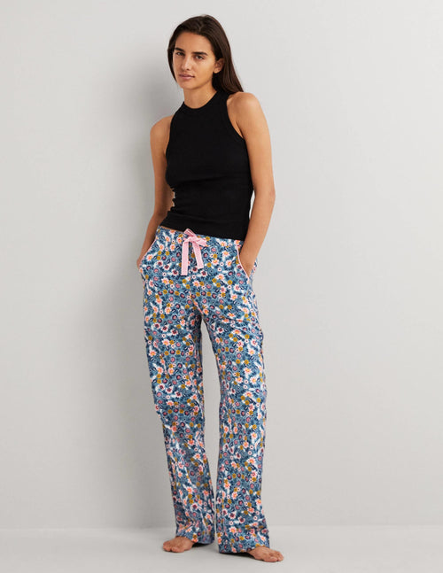Blue Floral Pajama Bottoms-Mid Blue, Opulent Leaf