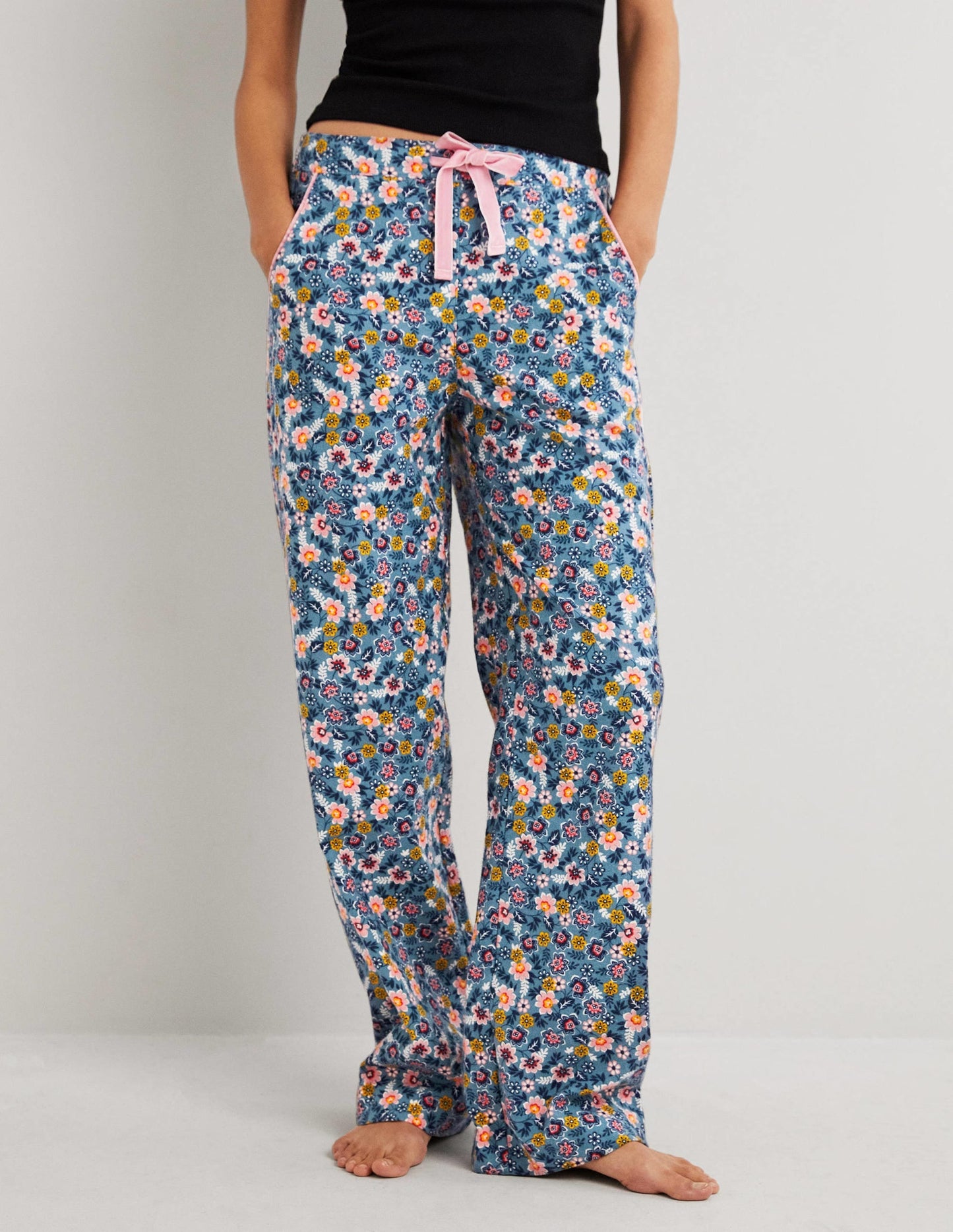 Blue Floral Pajama Bottoms-Mid Blue, Opulent Leaf