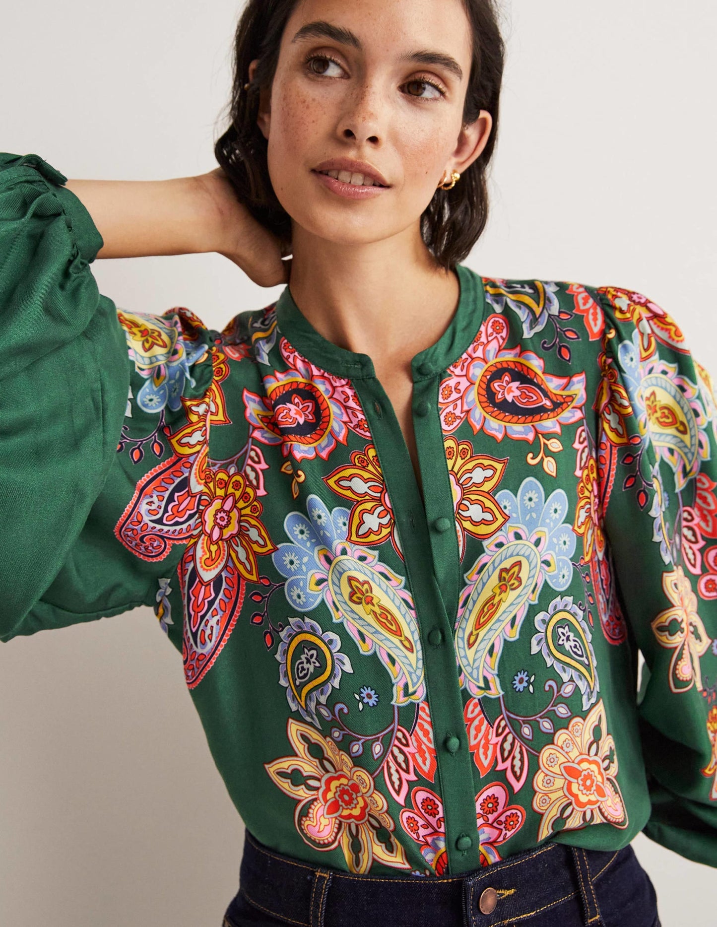Blouson Sleeve Blouse-Trekking Green, Paisley Charm